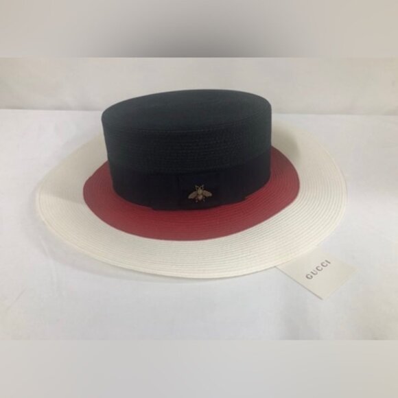 NWT Gucci Blue/Red/White Papier Wide Brim Straw Bee Hat Size L $590.00 *2023* main image 10